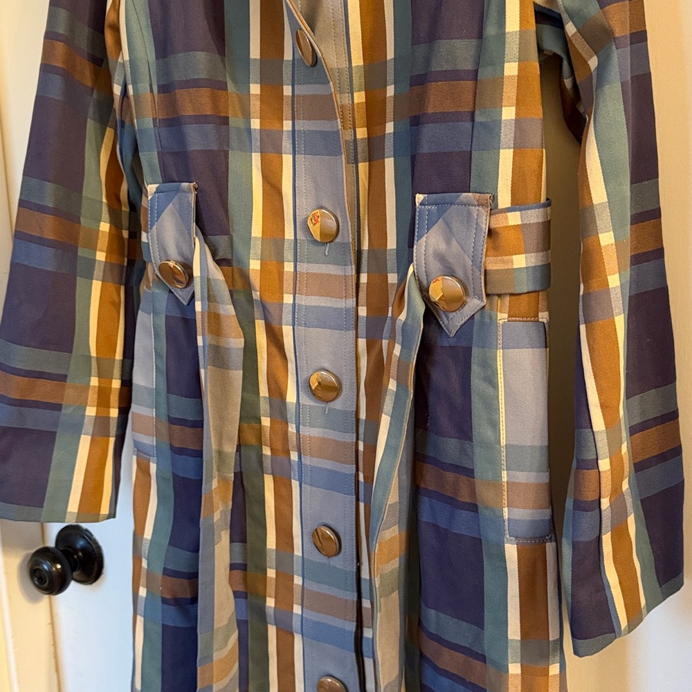Cabi Women Highclere Trench Coat Size XS blue green plaid - Picture 4 of 6